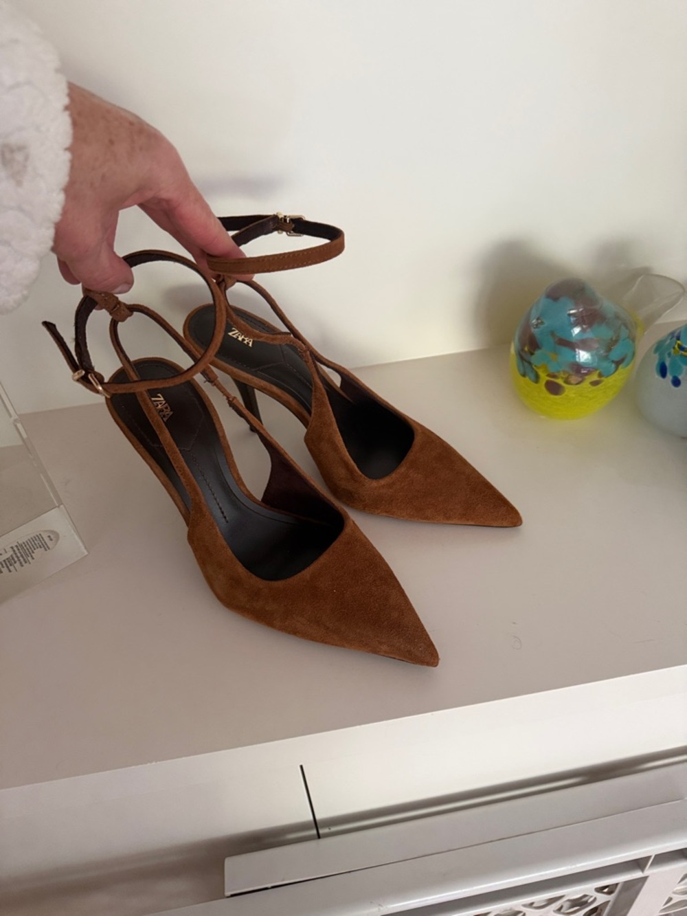 Zara Tan Suede Pointed-Toe Ankle-Strap Heels